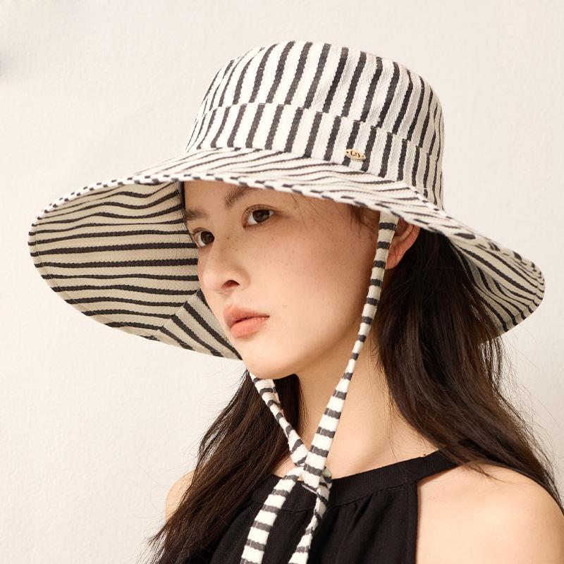 Summer Striped Sunshade Hat Women's Holiday Big Brim Sunscreen Fisherman Hat