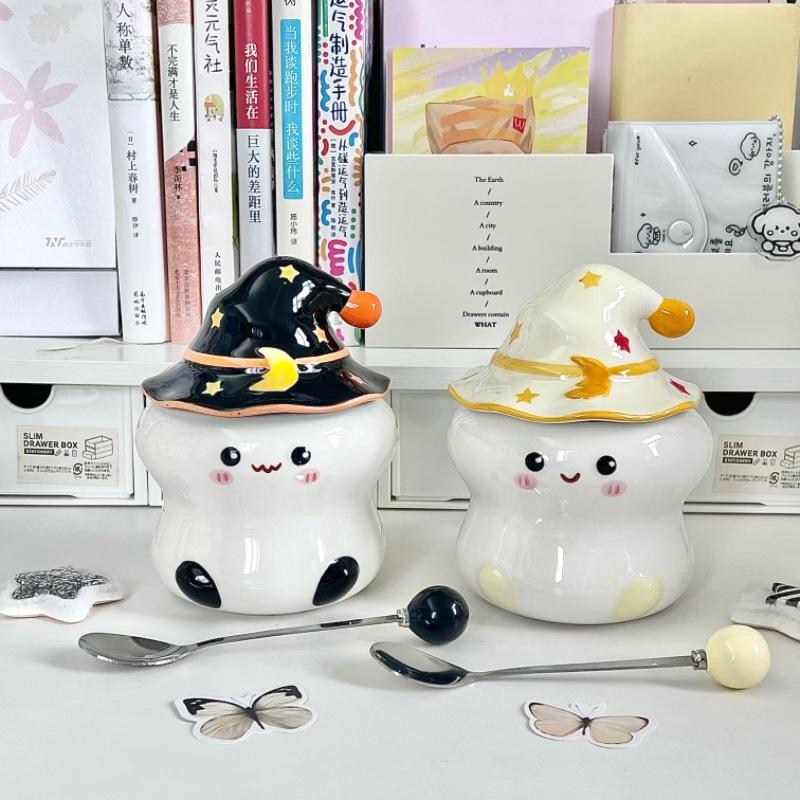 Cute ghost mug with lid spoon high value girl birthday gift office ceramic water cup souvenir