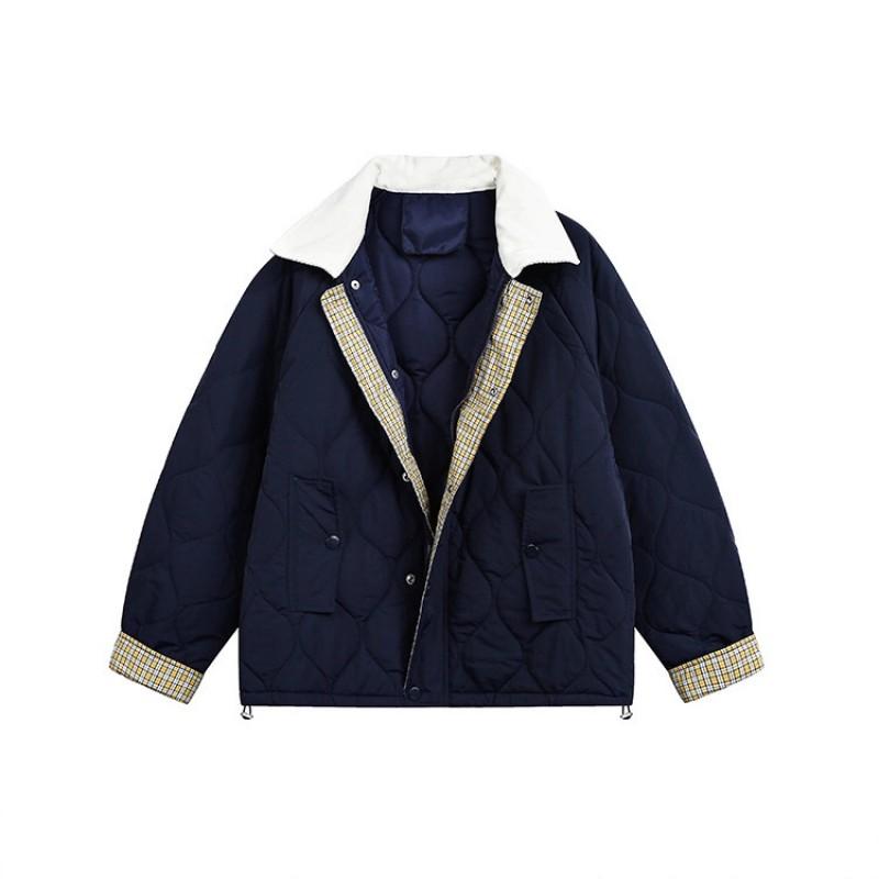 Unisex Retro College Style Quilted Cotton Puffer Jacket With Turn-Down Collar Thick Warm Winter Short Coat Teens Adults