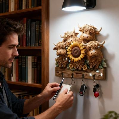 Keys Holder On Wall 2D Rustic Cow With 4 Hooks Wall Key Holder Coat Hanger For Towel Hat Bag Coat Entryway Farmhouse Bedroom