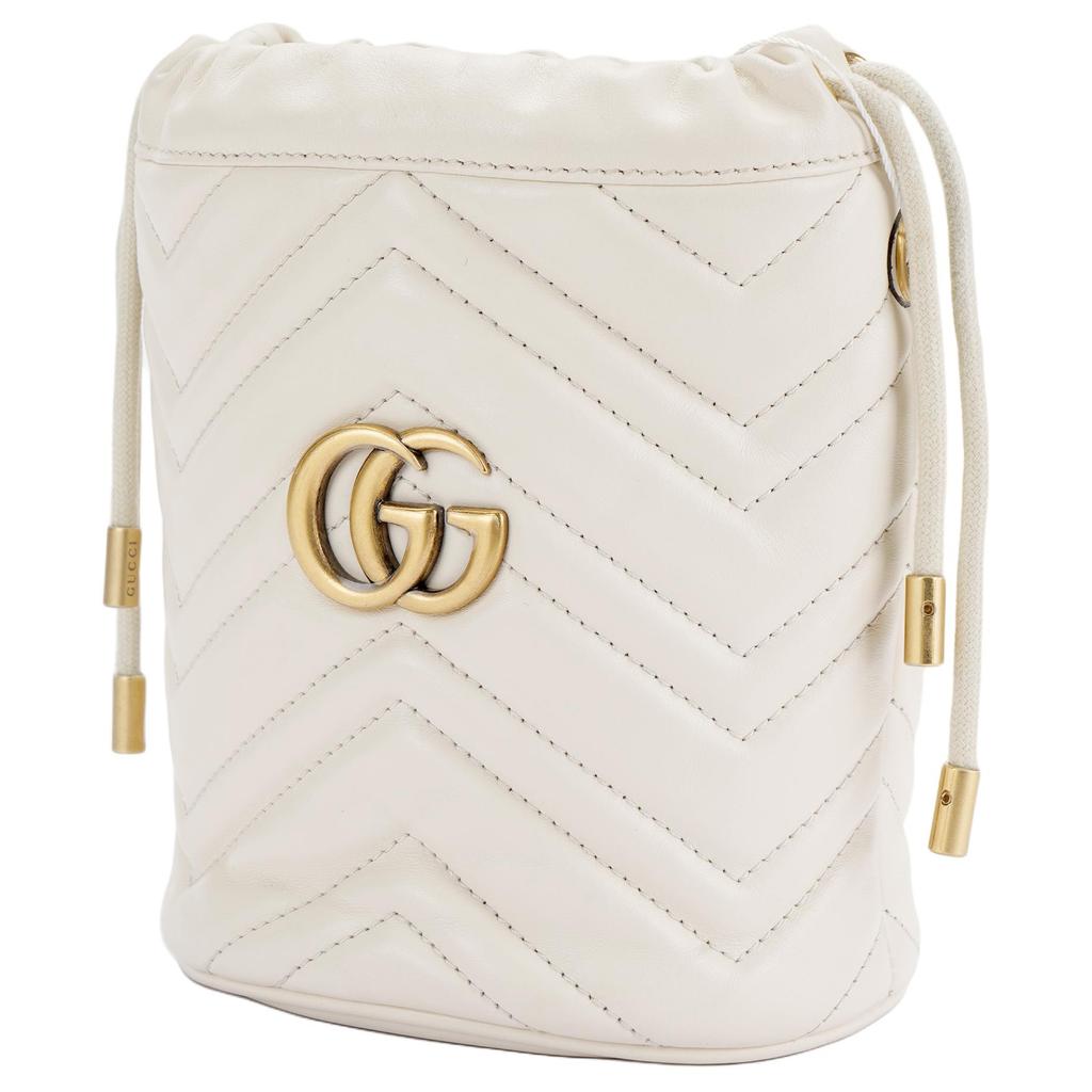 Gucci Gg Marmont Gold-Label Logo Kordelzug Öffnen und Schließen Kette Gestepptes Leder Eimer Tasche Umhängetasche Mini Damen Weiß