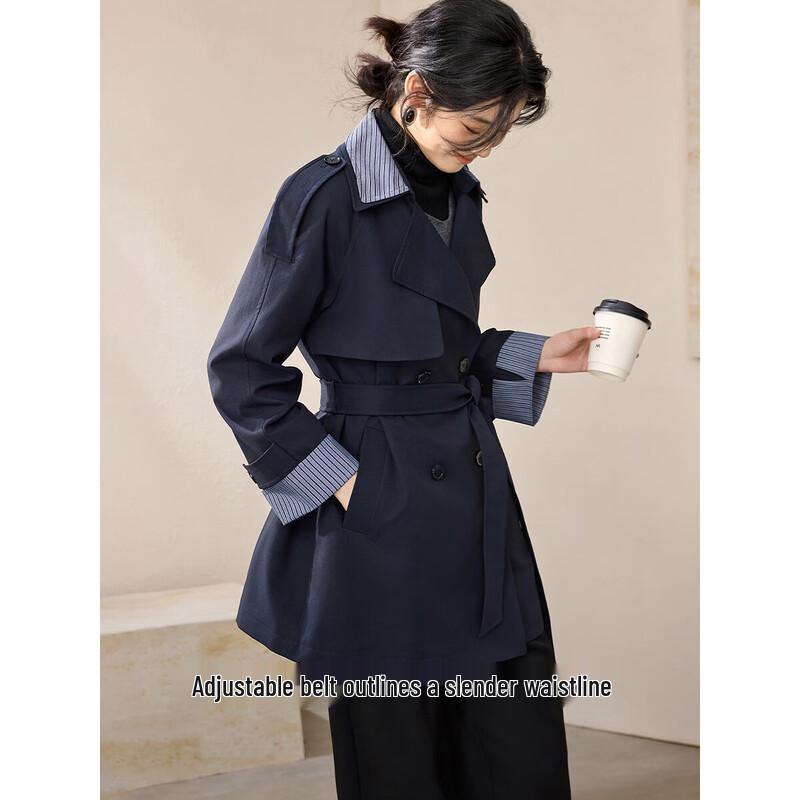 Retro Colorblock Double-Collar Waisted Trench Coat