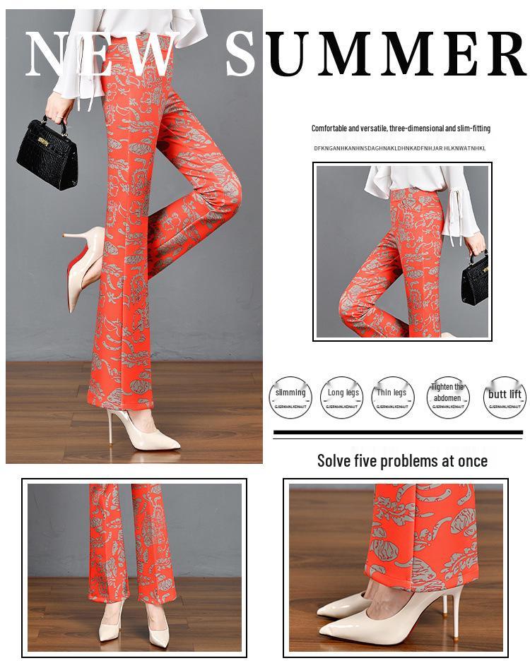 2024 Versatile Printed Micro-Flare Pants: Elastic Waist, Slimming, Stretchy Women’s Long Pants