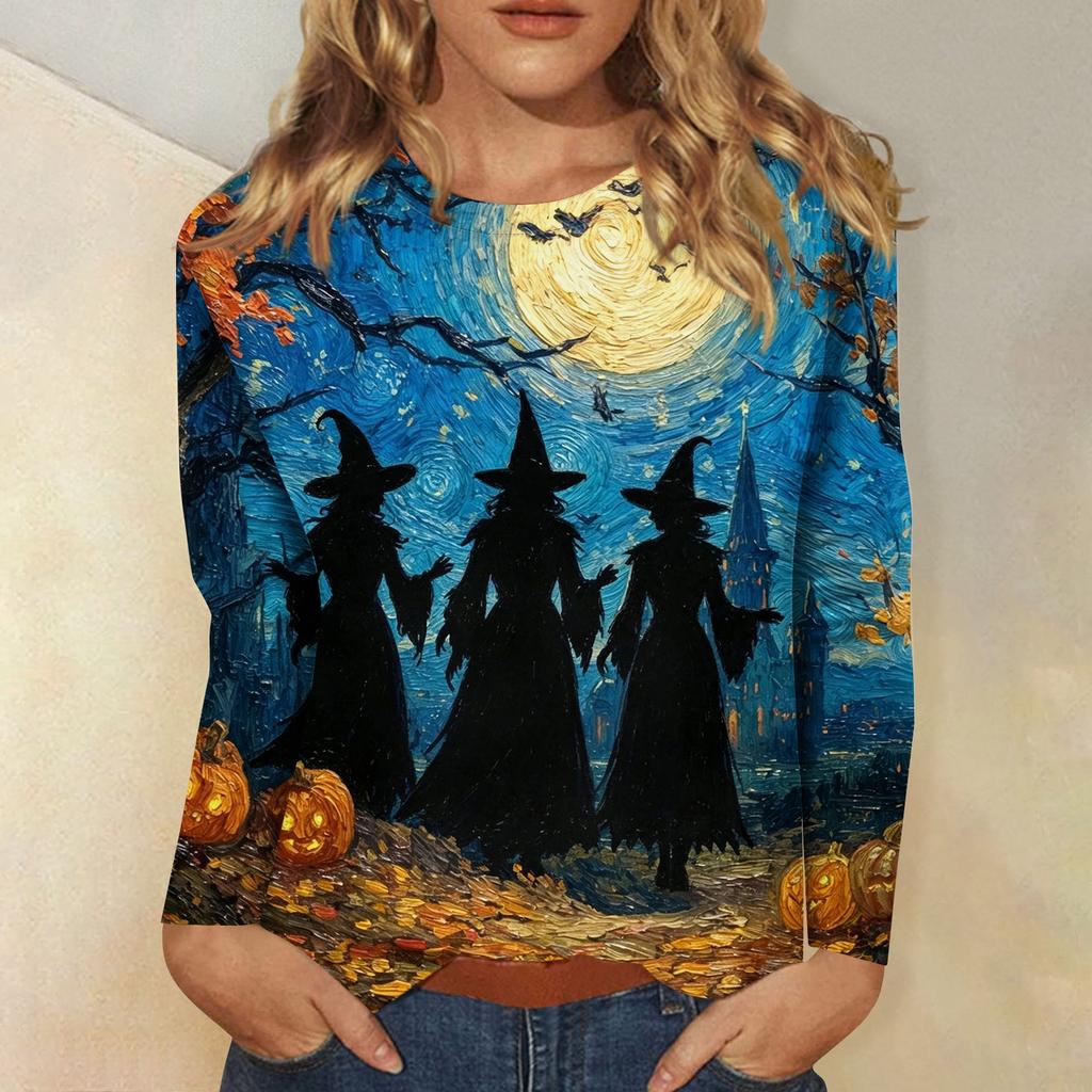 Women's Long-sleeved Loose-necked Halloween Print Casual Top, Suitable for Holiday Parties