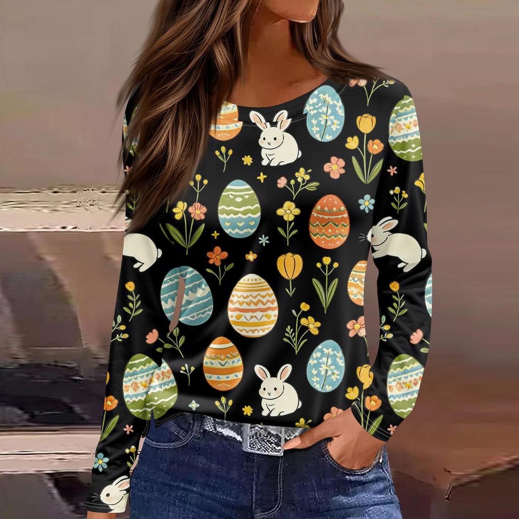 Women's Fashion Casual Slit Hem Round Neck Long Sleeve Loose Printed T-Shirt Ladies Top