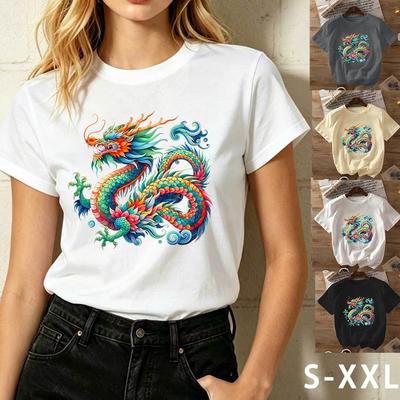 Vibrant Chinese Dragon Print T-Shirt Colorful Oriental Mythical Graphic Tee