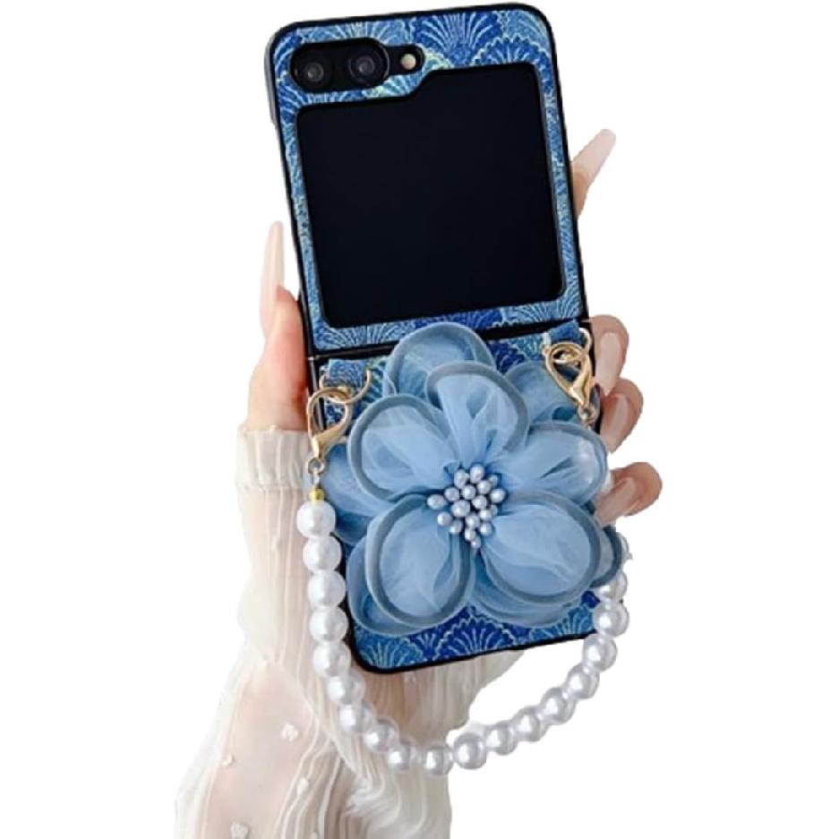 Cute Sea Shell Pattern Case for Samsung Galaxy Z Flip 6,Funny Kawaii Flower Galaxy Z Flip 6 Phone Case with Pearl Wrist Chain for Ladies Women