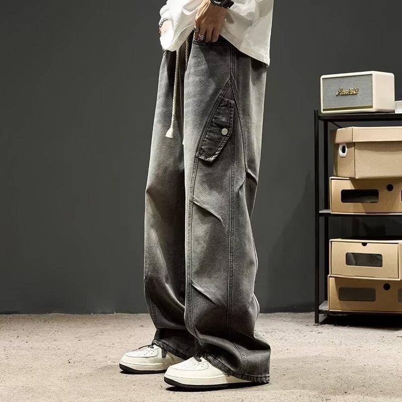 Hong Kong Style American Straight High Street Jeans Boys Autumn Loose Large Size Trendy High Street Men Long Pants Men