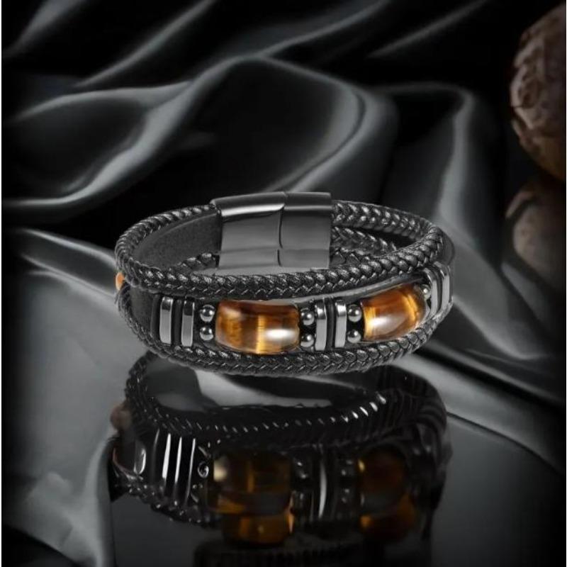 Meier Tiger's Eye Bracelet - Men's Multi-layer Cord & Leather Bangle - Stone Bracelet with Magnetic Clasp