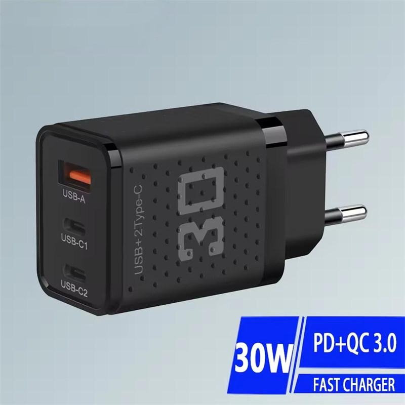 USB Type C Charger 30W 3 Port Fast Charging Phone Charger Adapter For iPhone Samsung Xiaomi Huawei QC3.0 EU/US Plug Wall Charger