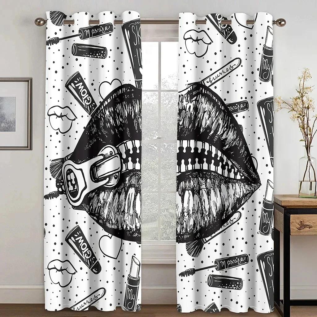 3D 2pcs Curtains For Beauty Salons Simple Red Lips Makeup Brush Grommet Top Fabric Curtains Decor For Living Room Office Home D