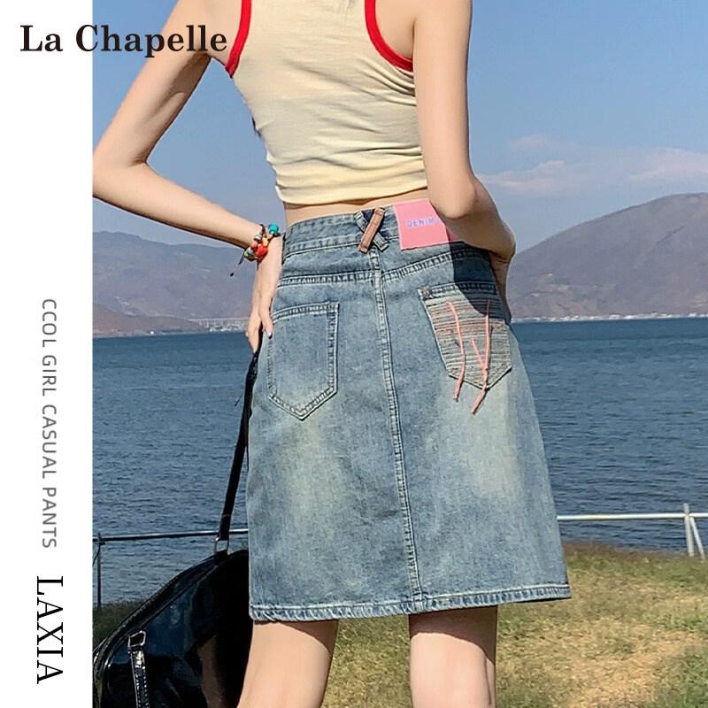 La Chapelle Women s Embroidered A-Line Denim Mini Skirt L