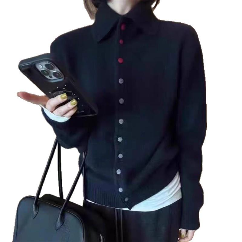Women's Dark Grey Knit Wool Lapel Sweater - Autumn/Winter 2025 Collection