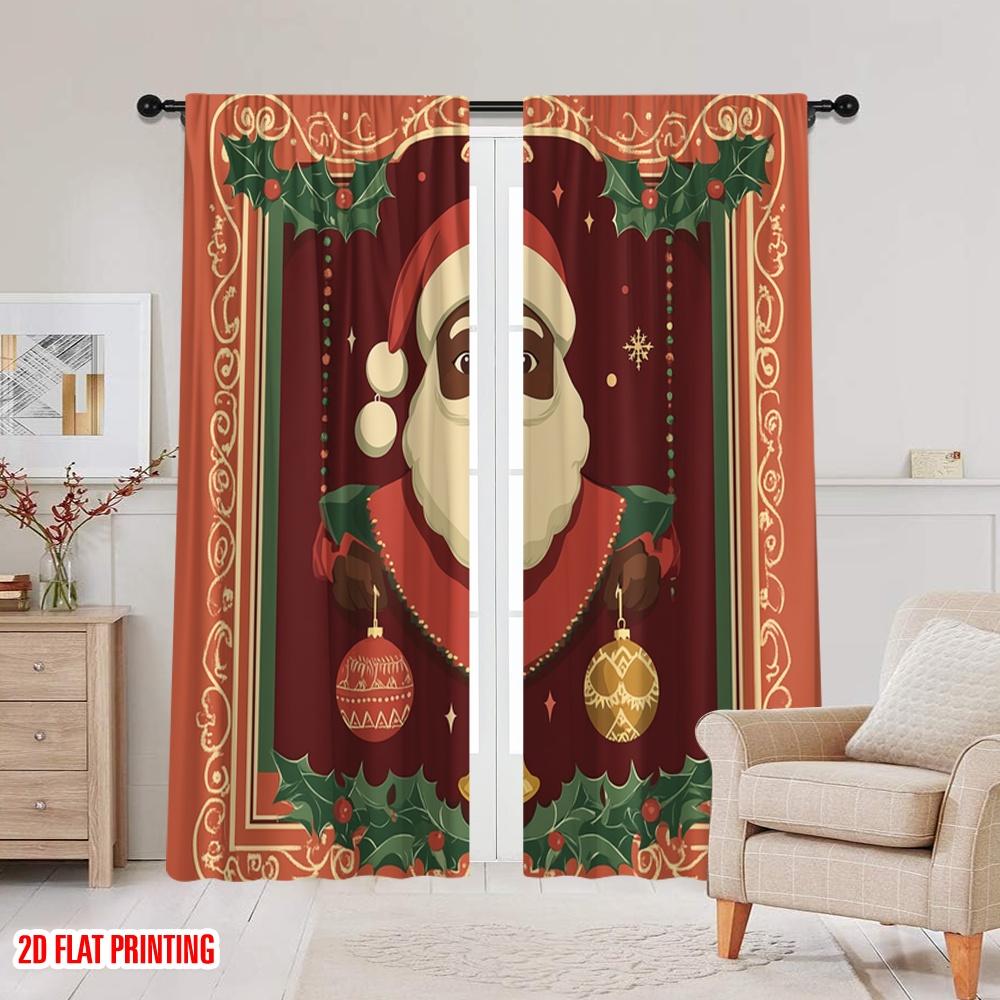 2Pcs,2D Plane Printing Curtains Digital Printed African Santa Claus Christmas Ornaments (4) Polyester Easy Install (Without Rod)