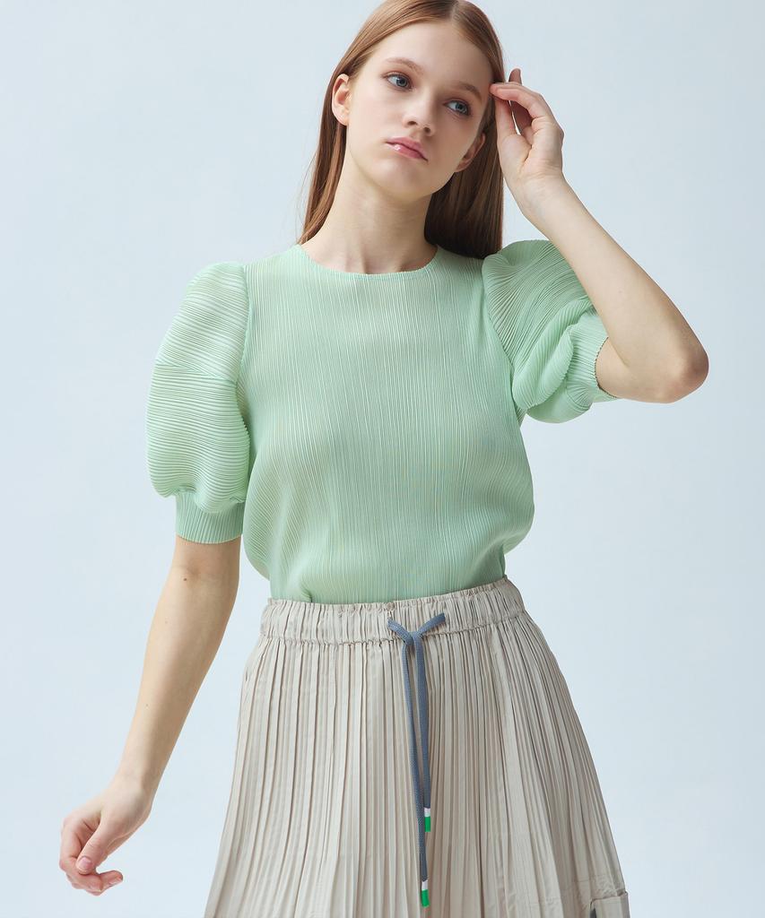 Waiowai Ribbed Puff Short Sleeve Pleated T-Shirt_3 Colors