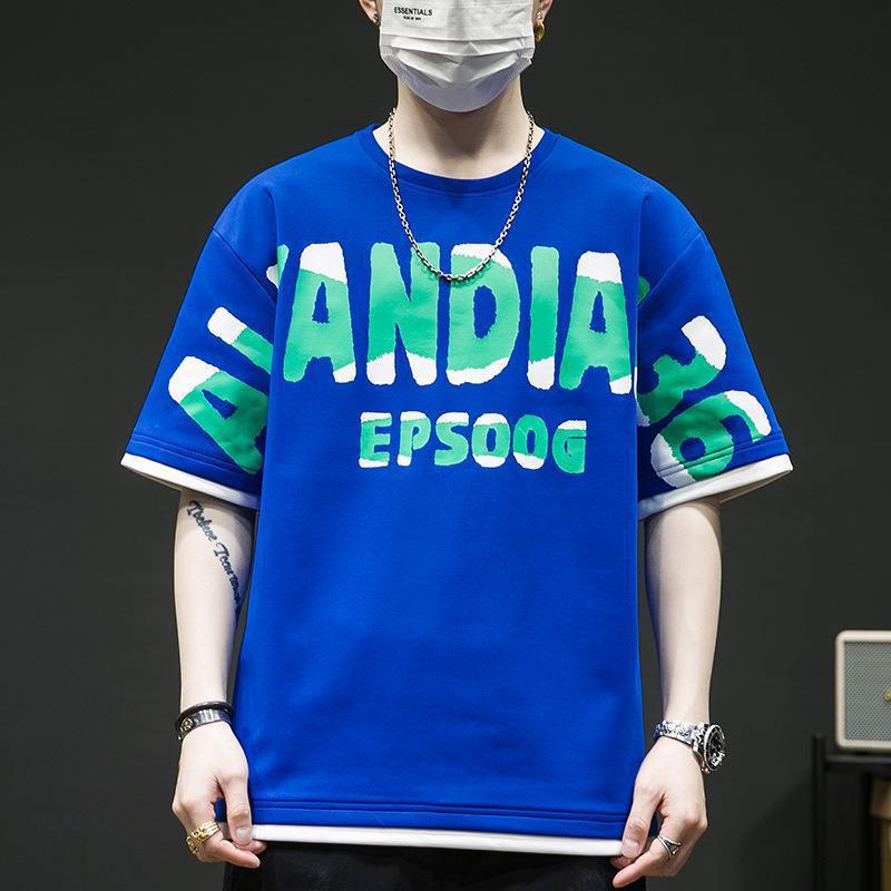 

Men s Beige Oversized T-Shirt, Casual Short Sleeve Bold Letter Print Fake Two-Piece Top 5XL синій