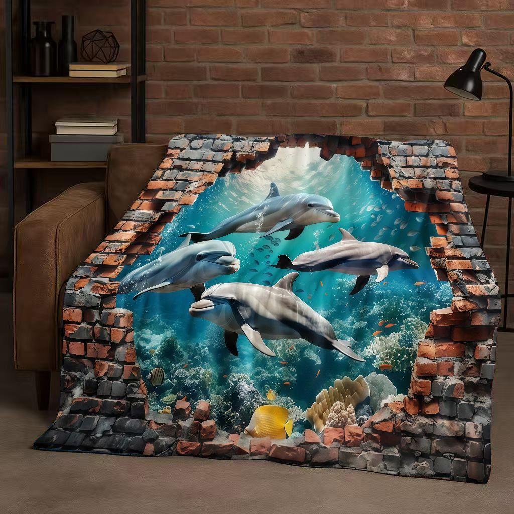 3D Illusion Underwater World Breaking Wall Art Flannel Blanket,Ultra Soft Warm Plush Throw for Home Bedroom Bed Sofa Cover Gift
