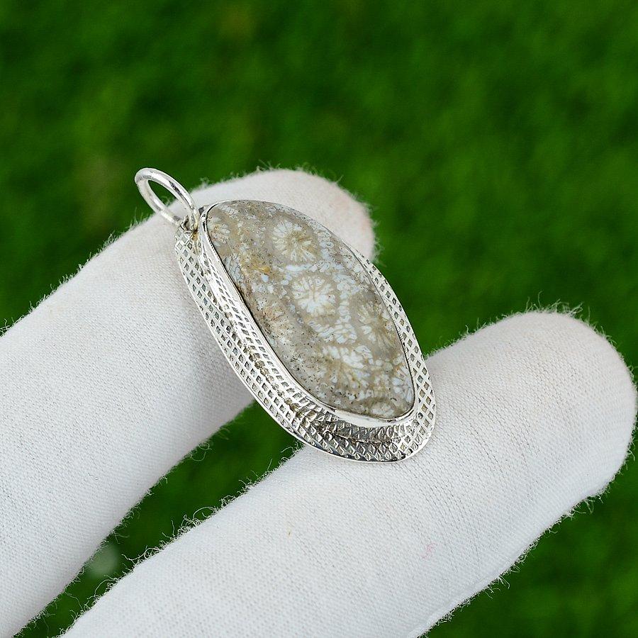 

Natural Fossil Coral Gemstone Pendant 925 Sterling Silver Indian Jewelry