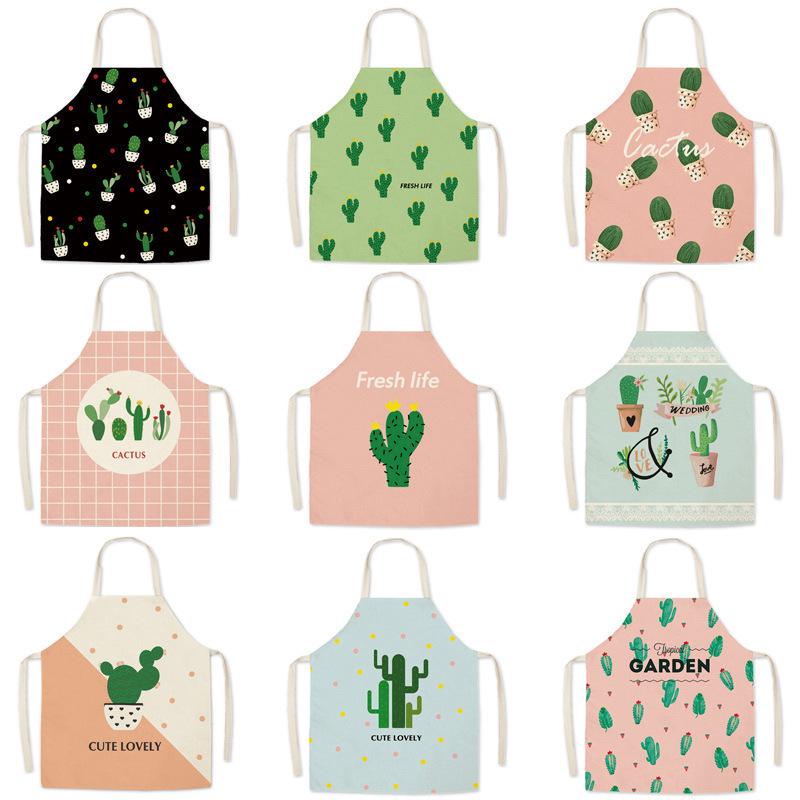 Cactus Print Parent-Child Hemp Apron Set - Sleeveless Home Cleaning Waist Apron for Adults and Kids