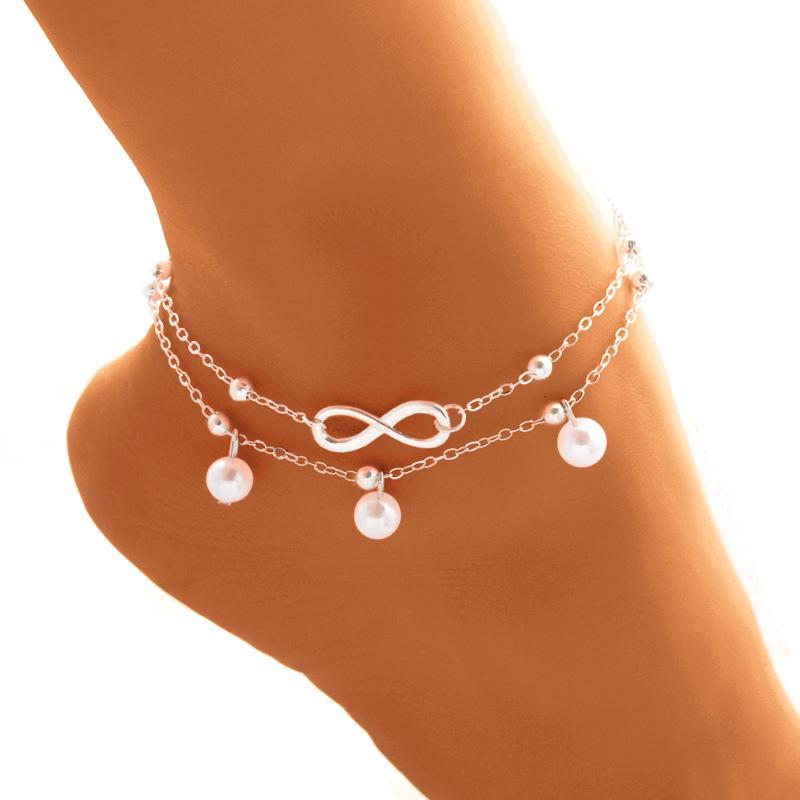 Japanese and Korean Small Fresh Women's Alloy Anklet 8-character Double-layer Pearl Anklet Beautiful Legs