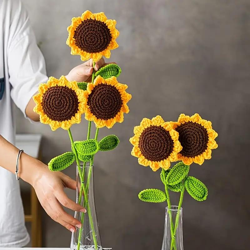 6Pcs Handmade Crochet Sunflower, Handmade Knitted Flowers, Artificial Woven SunFlowers Best For Teacher's Day, Graduation Gfit