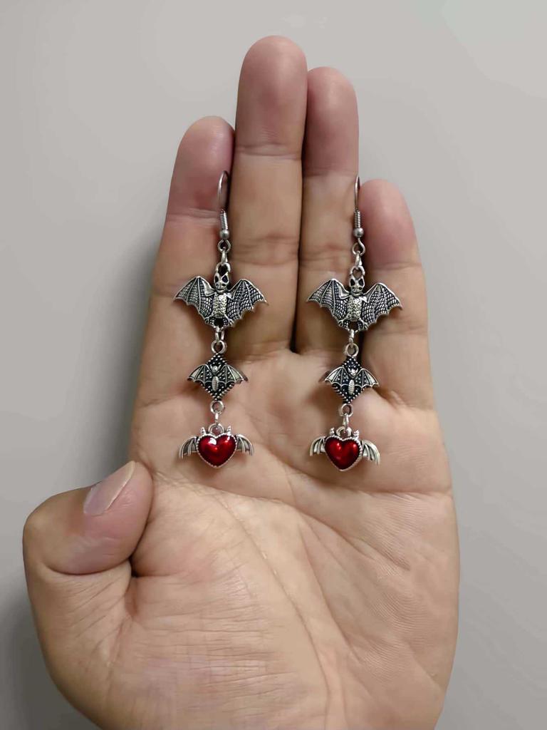 Gothic Bat Earrings, Punk Style, Red & Black Heart Dangle Earrings, Unique Statement Earrings