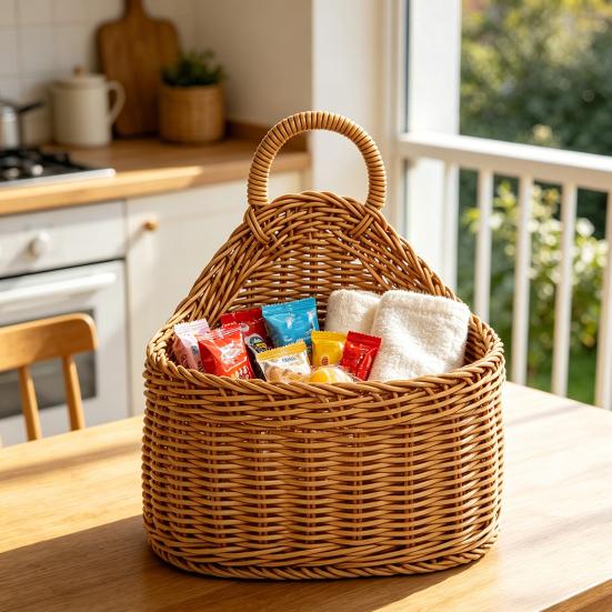 Woven Basket with Handle Rustic Storage Basket Wall Hanging Basket for Fruits Vegetables Snacks Home Farmhouse Kitchen Bathroom Bedroom Storage