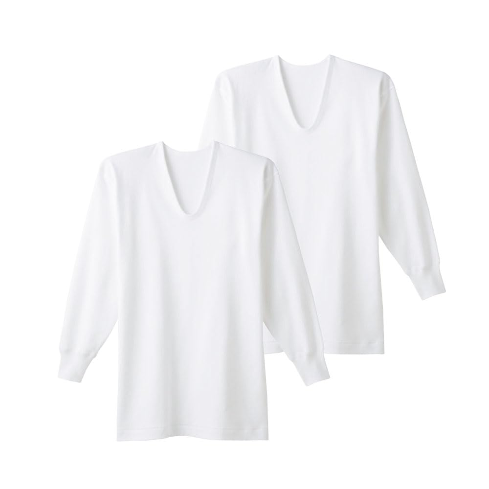 Gunze RP2810A Inner Far Infrared Long Set of White Men's Shirt, Treatment, Quick-Drying, Smooth, Sleeve, U-Neck, 2,