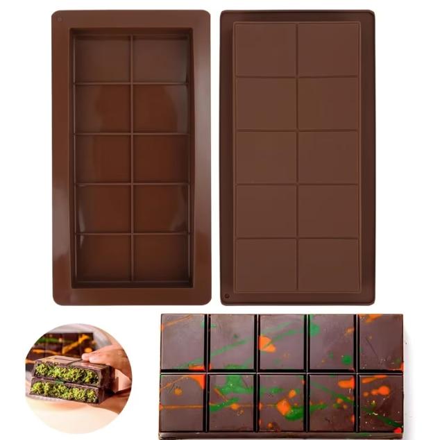 Premium Silicone Dubai Chocolate Mold Non-Stick ADAIVIUME Classic 10-Square Chocolate Mold 25x13x2 Cm Brown