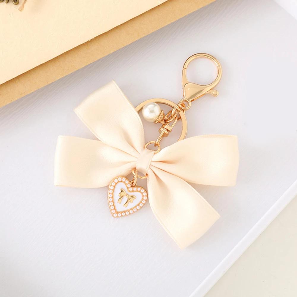 1pc, Imitation Pearl Keychain Sweet Fashion Ribbon Bowknot Keyring Accessories Metal Buckle Women Bag Charms Best Gifts Jewelry