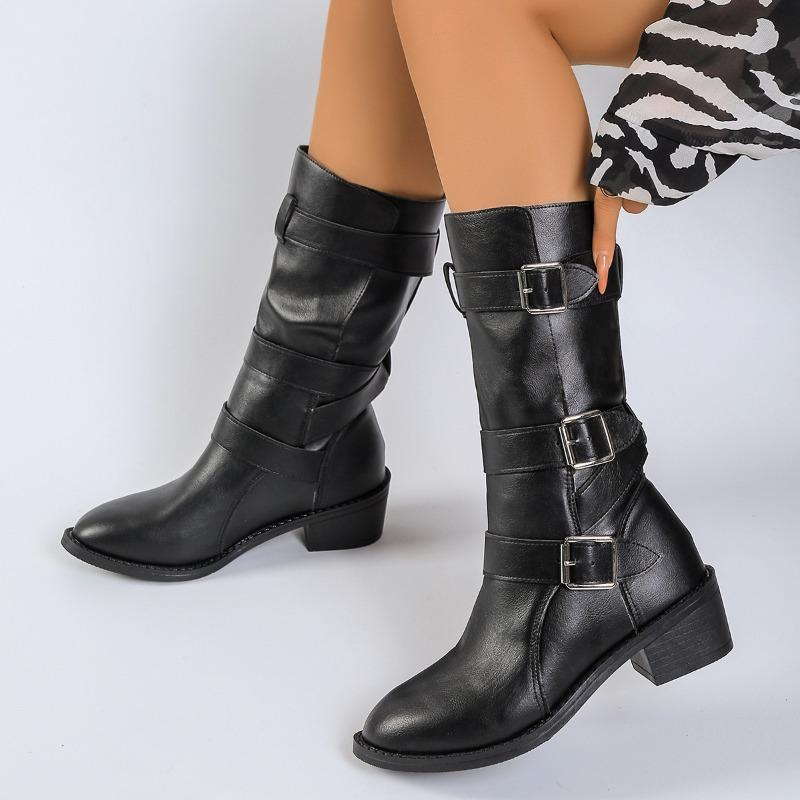 New Autumn and Winter Styles of Pointed-toe, Thick-heeled Boots, Knight Boots, Buttoned Mid-calf Boots and Women's Shoes