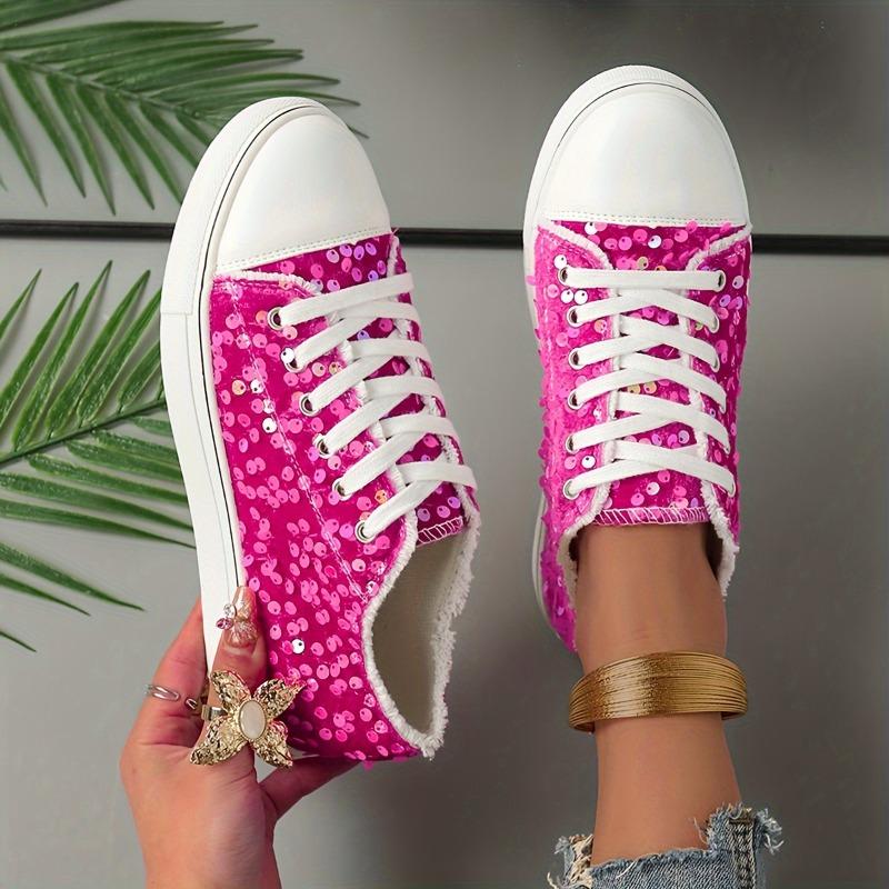 Women's Rose Red Fashion Sequin Lace-up Round Head Shoes