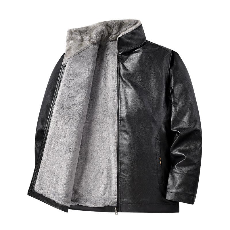 

Мужская кожаная куртка, Мужская однотонная ветрозащитная куртка на флисе со стойкой воротником XL чёрный