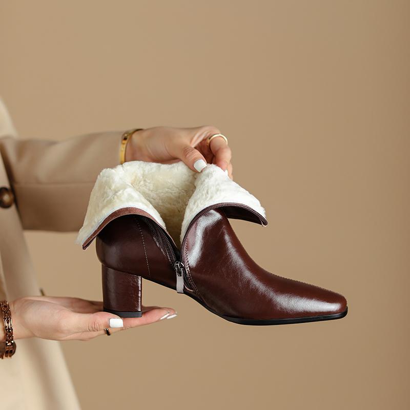 Women Winter Ankle Boots Natural Leather Cowhide Wool Full Leather Side Zip Modern Boots Warm Boots