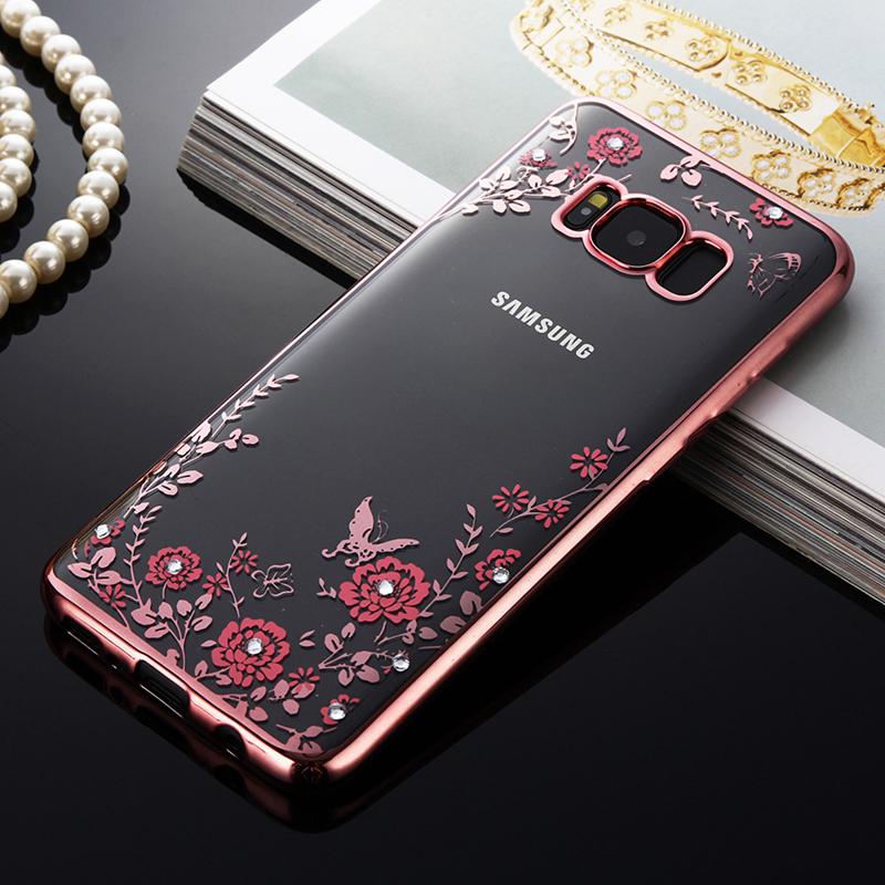 Rose Gold Plating Frame Clear Soft TPU Back Cover Bling Diamond Flower Case For iPhone/Samsung