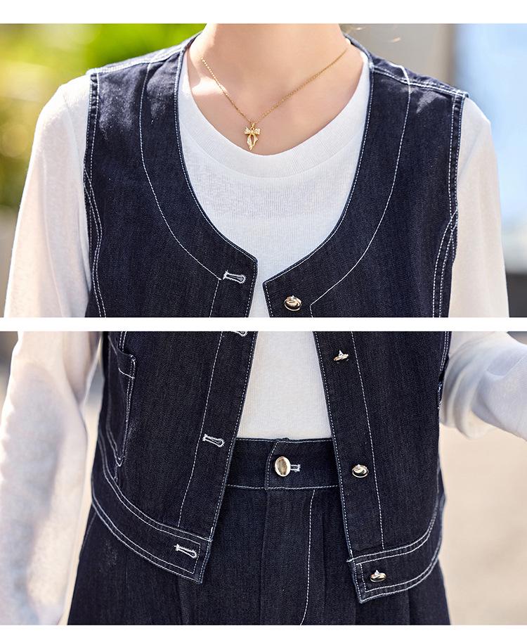 Women's Summer 2025 Dark Blue Denim Three-Piece Set: Short-Sleeved Shirt, Midi Skirt, and Suit Skirt in Korean Style