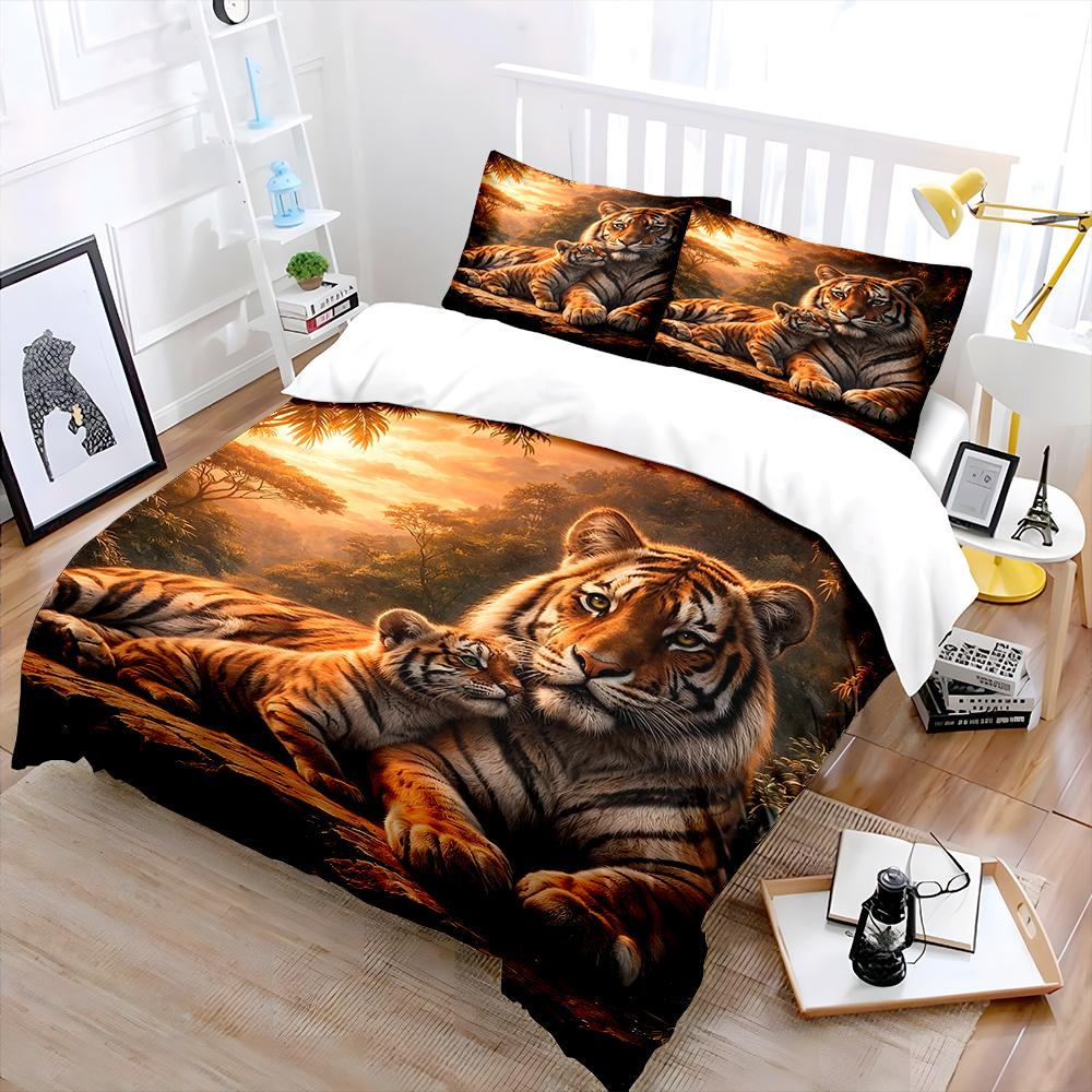 Tigers with cub in warm forest Bedding Set for Kids Luxury Gift 3pcs Digital Print Comforter Set Soft Comfortable Breathable