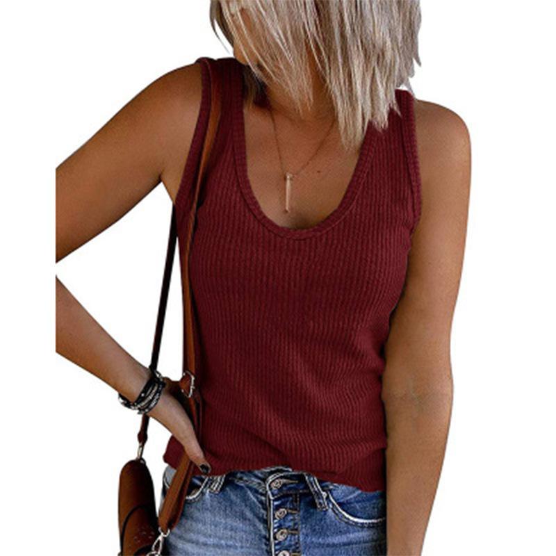 2025 Amazon ebay solid color spring and summer new women s vest U-neck sleeveless ribbed knitted casual vest T-shirt S белый