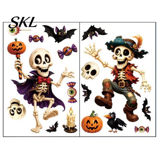 Halloween Window Stickers 2 Sheets Clings, Cartoon Skeleton Static Stickers, Funny Bat And Pumpkin Decals Ghosts Bats Pumpkins for Glass Doors Windows