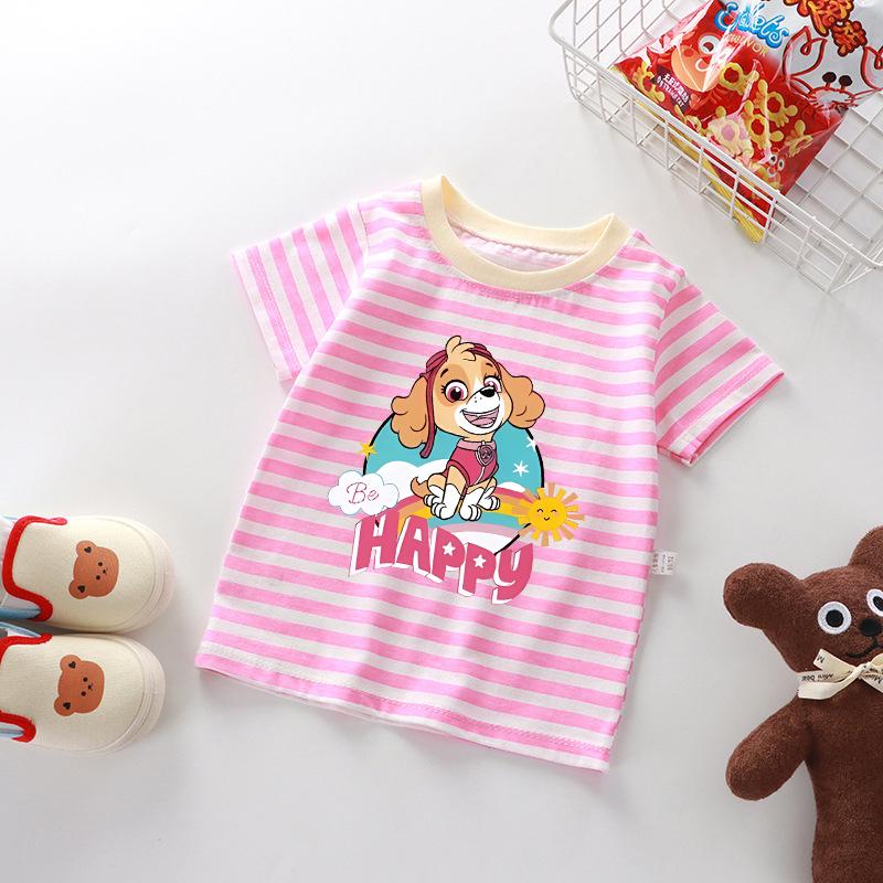 Children's Striped Short-sleeve Top, Fashionable Striped T-shirt, Printed Paw Patrol Girl Pink Striped T-shirt, Baby Summer