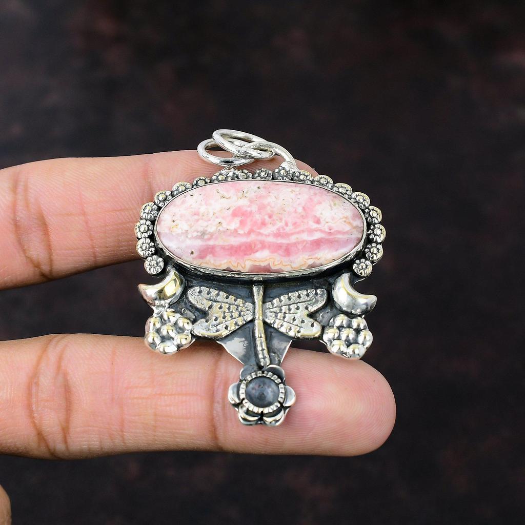 Ciondolo Rodocrosite Gioiello con Gemma Autentica Ciondolo in Argento Sterling 925 Gioiello Boho Fatto a Mano Bellissimo Ciondolo Libellula Regalo per la Mamma