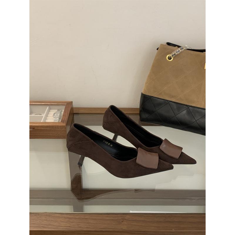 Metal buckle pointed high heels women's shoes 2025 new spring and autumn French temperament shallow mouth stiletto shoes