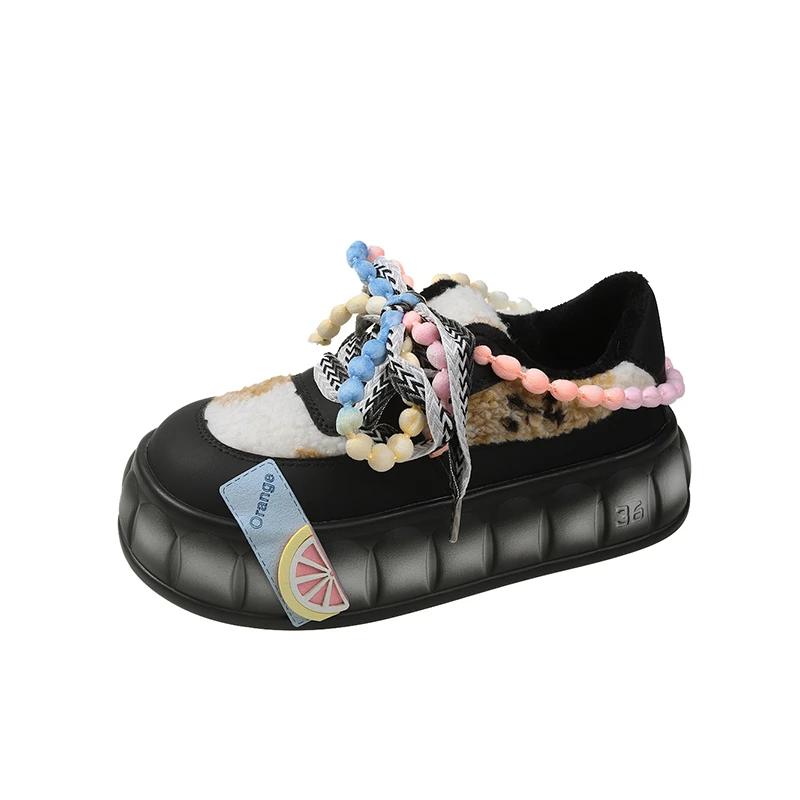 Fashion Designer Cute Kawaii Dad Shoes for Women Girls Platform Vulcanized Shoes Ladies Colorful Round Head Casual Fur Warm Shoes Winter