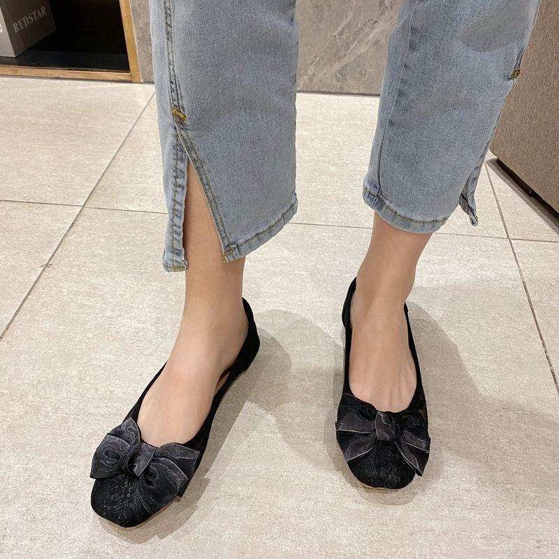 Mesh Shoes for Women Black Square Toe with Bow Woman Flats Trends 2025 Original Deals Aesthetic Light Korean Walking New In 39