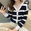 WTEMPO Women's Casual Versatile Long Sleeve Striped Sweater Cardigans V-neck Large Size Solid Color Loose Knitted Cardigans