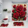 4 Stück Elegante Rote Rose Wasserdichter Duschvorhang mit 12 Haken Rutschfester Badteppich WC U-Form Matte WC-Deckelbezug Pad
