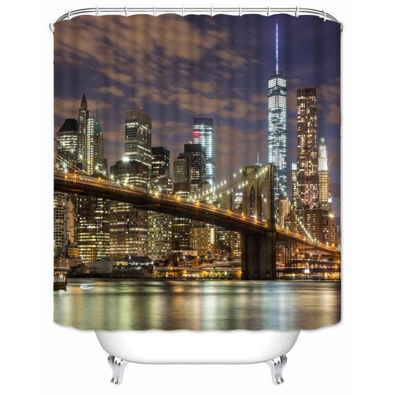 New York City Skyline Building Night View Shower Curtain Modern Bathroom Curtain Polyester Fabric Bath Curtain With Hooks