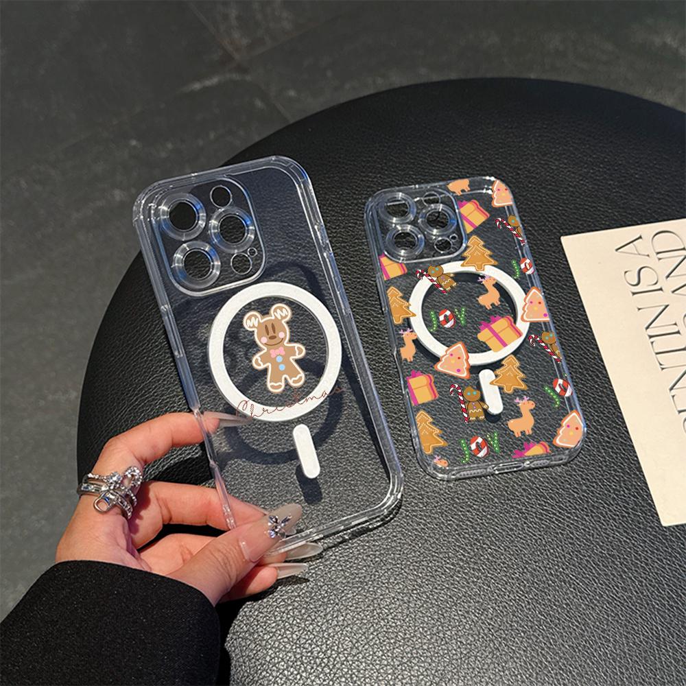 AC102 Christmas Happy New Year Magsafe Transparent Cases for Samsung S23 S24 Ultra S21 FE iPhone 16 13 Pro Max XR Magnetic Wireless Charge Back Cover