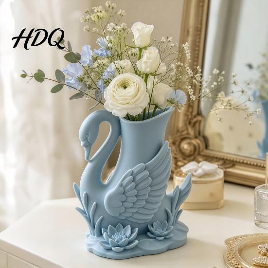 Decorative Water Plant Carving 3D Printed Swan Vase with Lotus Relief Elegant Flower Vase Desktop Romantic Bedroom Accessories Organizer for Living