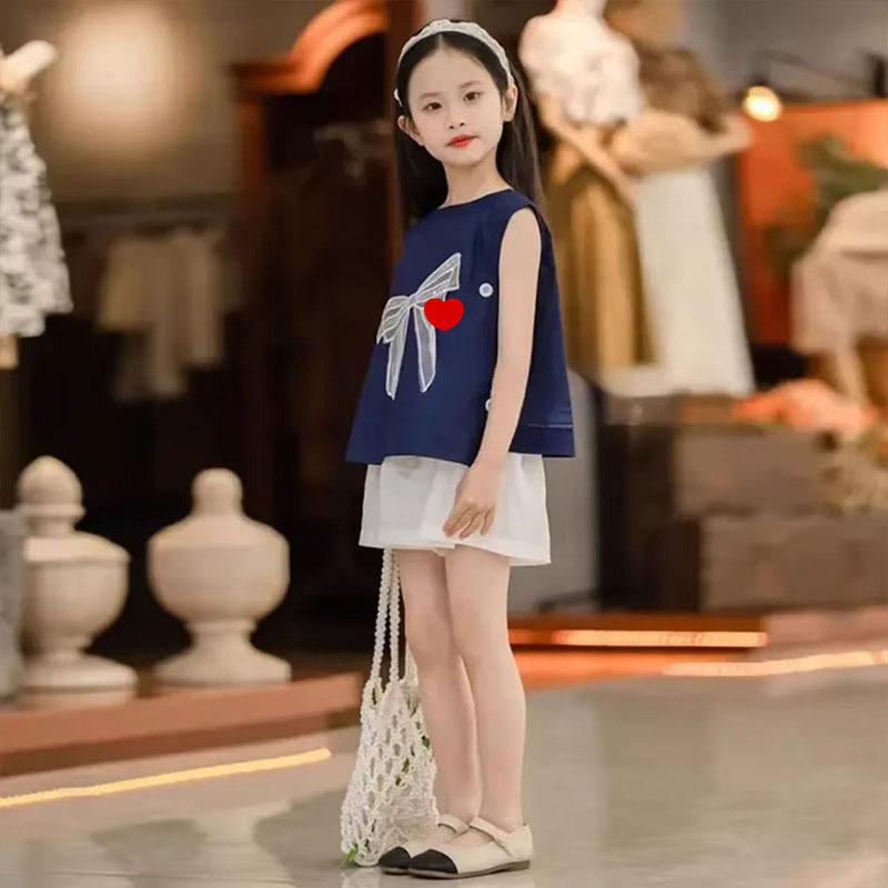 Girls Korean Contrast Bow Sleeveless Vest And Shorts Fashion Two Piece Set For Big Kids Summer Outfit